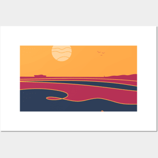 Abstract nature scene of a coastline and sea horizon at sunset Posters and Art